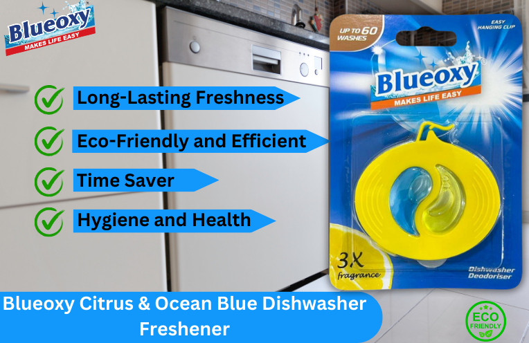 The Blueoxy Citrus & Ocean Blue Dishwasher Freshener, mentioned to last up to 60 cycles, provides a sustained burst of freshness after each wash.
