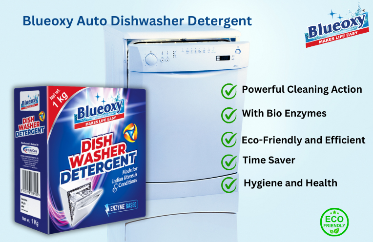 The combo includes the Blueoxy Auto Dishwasher Detergent with Bio Enzymes, which is designed for superior cleaning. The potent bio enzymes efficiently tackle stubborn food residues